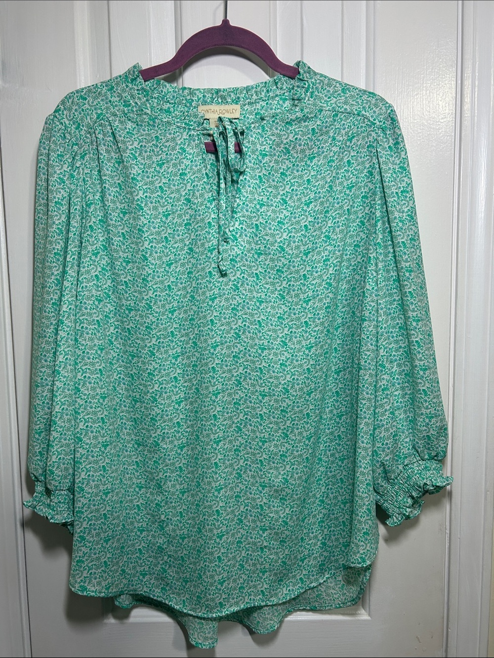 Cynthia Rowley Ditsy Floral Relaxed Blouse Green Tie Front, Plus, 1X